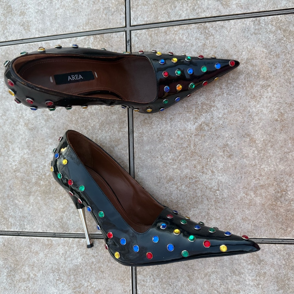 AREA Black Patent Leather Clear Jeweled Pointed Toe Pumps - Picture 15 of 16